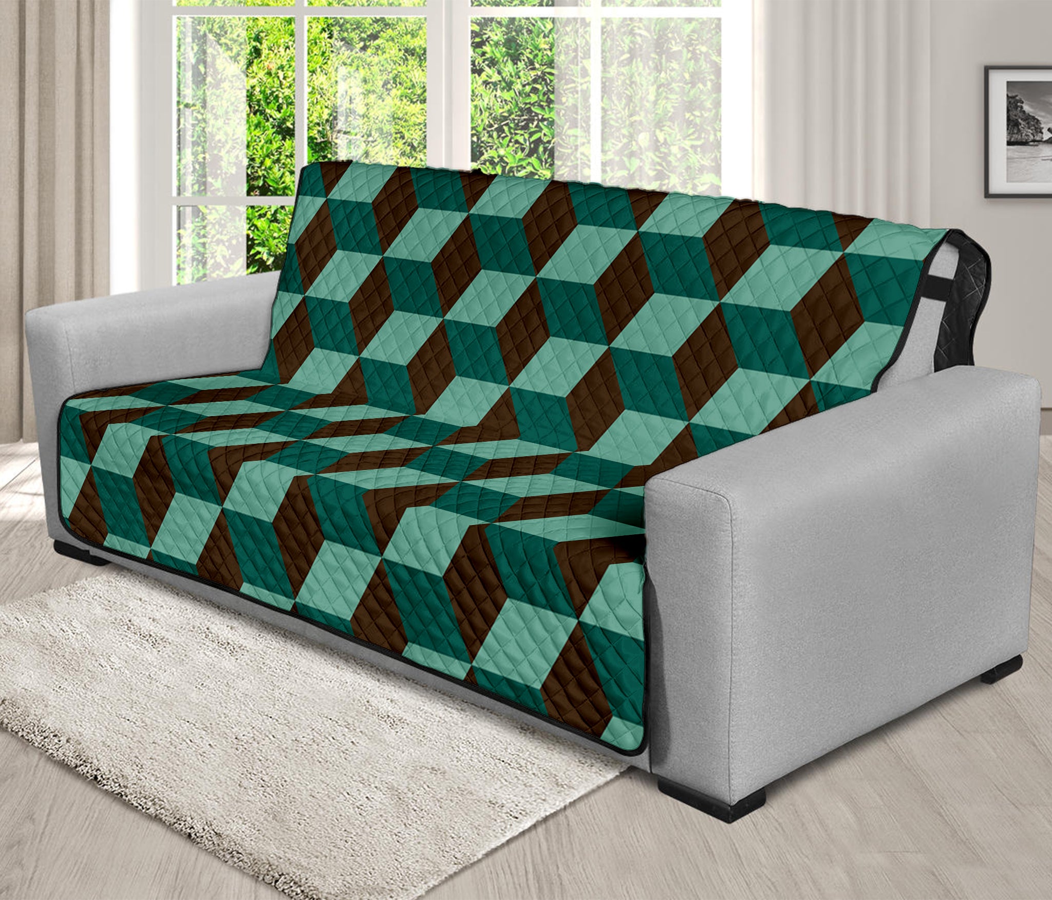 Dark Green Geometric Cube Pattern Print Futon Protector