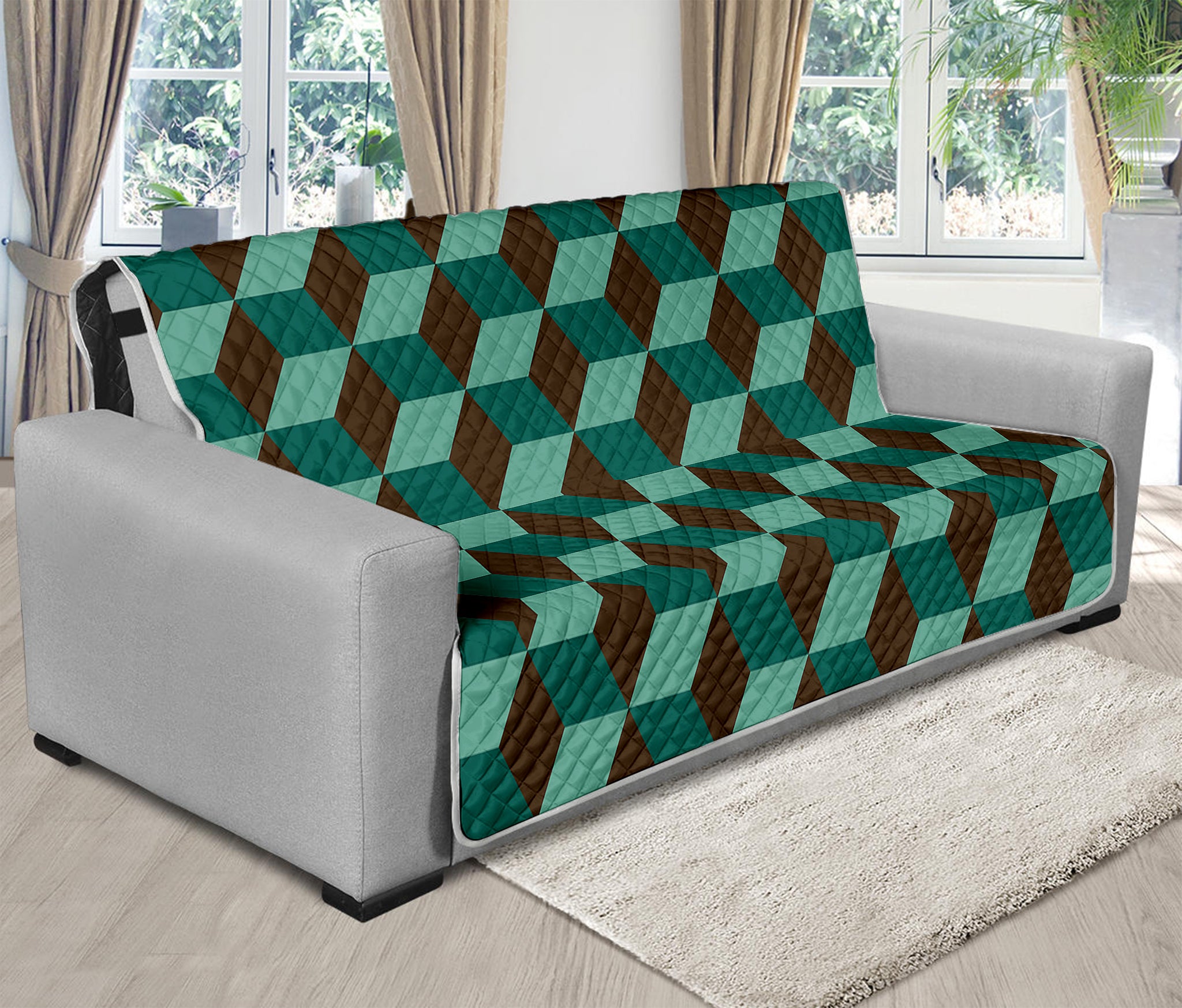 Dark Green Geometric Cube Pattern Print Futon Protector