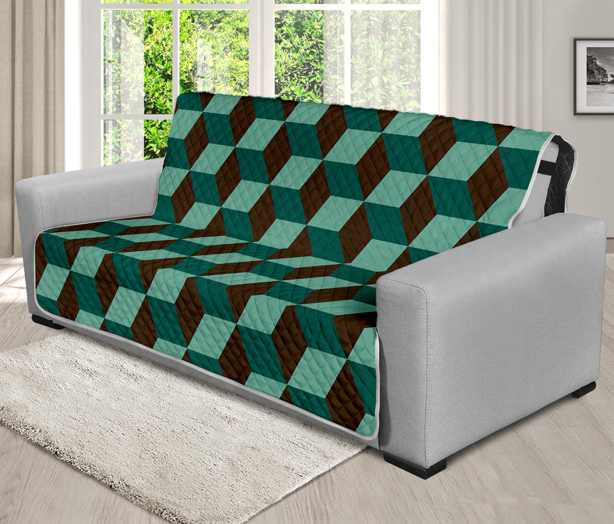 Dark Green Geometric Cube Pattern Print Futon Protector