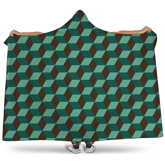 Dark Green Geometric Cube Pattern Print Hooded Blanket