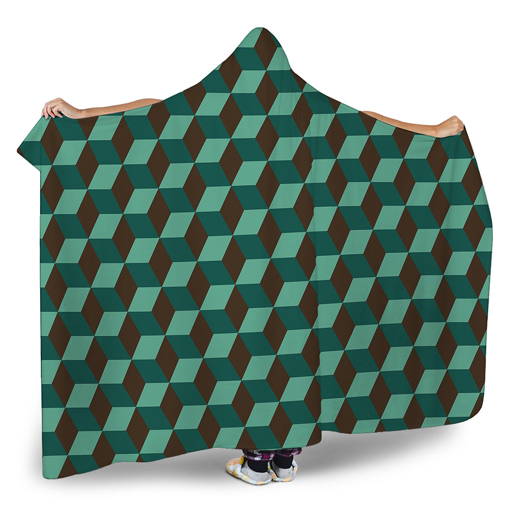 Dark Green Geometric Cube Pattern Print Hooded Blanket