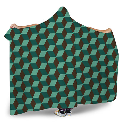Dark Green Geometric Cube Pattern Print Hooded Blanket