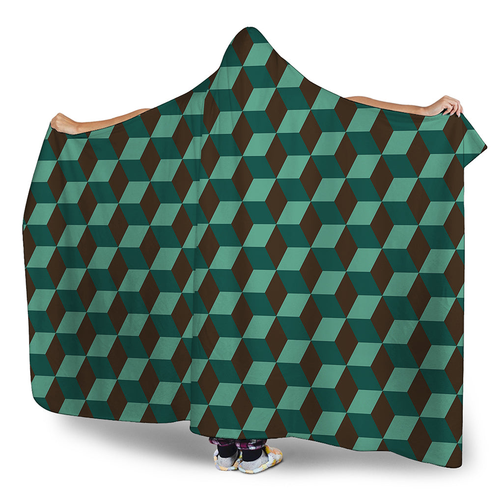 Dark Green Geometric Cube Pattern Print Hooded Blanket