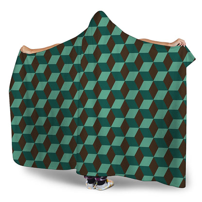 Dark Green Geometric Cube Pattern Print Hooded Blanket