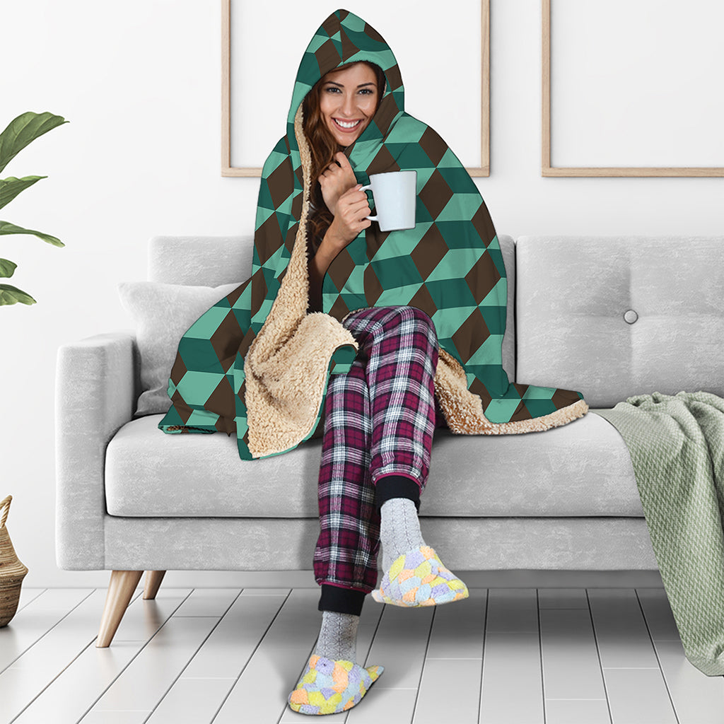 Dark Green Geometric Cube Pattern Print Hooded Blanket