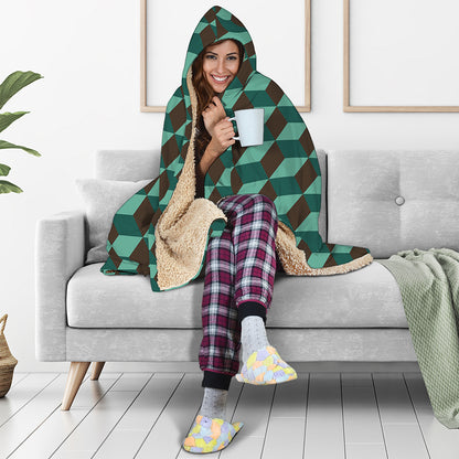 Dark Green Geometric Cube Pattern Print Hooded Blanket
