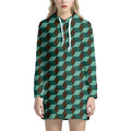 Dark Green Geometric Cube Pattern Print Pullover Hoodie Dress