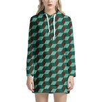 Dark Green Geometric Cube Pattern Print Hoodie Dress