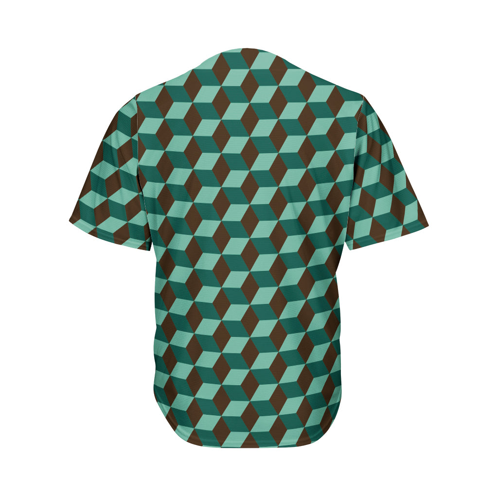 Dark Green Geometric Cube Pattern Print Men's Baseball Jersey
