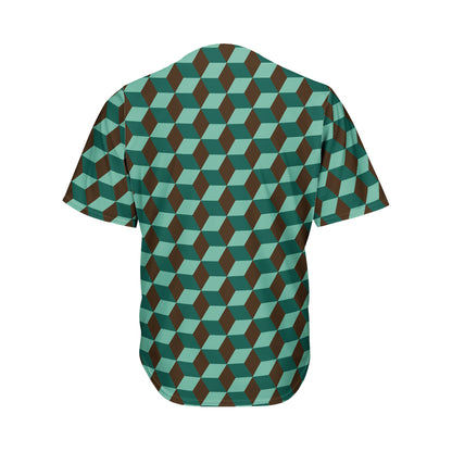 Dark Green Geometric Cube Pattern Print Men's Baseball Jersey