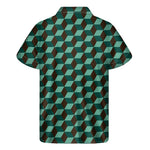 Dark Green Geometric Cube Pattern Print Men's Short Sleeve Shirt