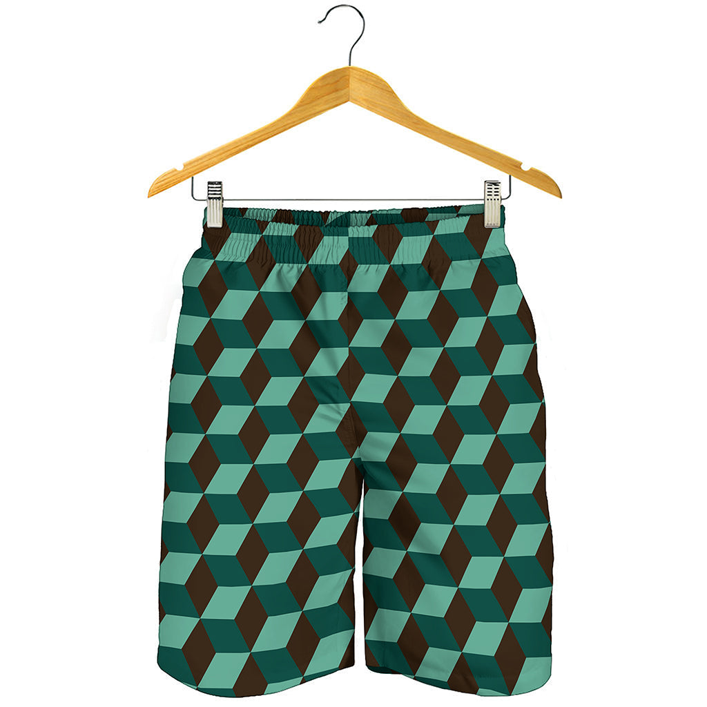 Dark Green Geometric Cube Pattern Print Men's Shorts