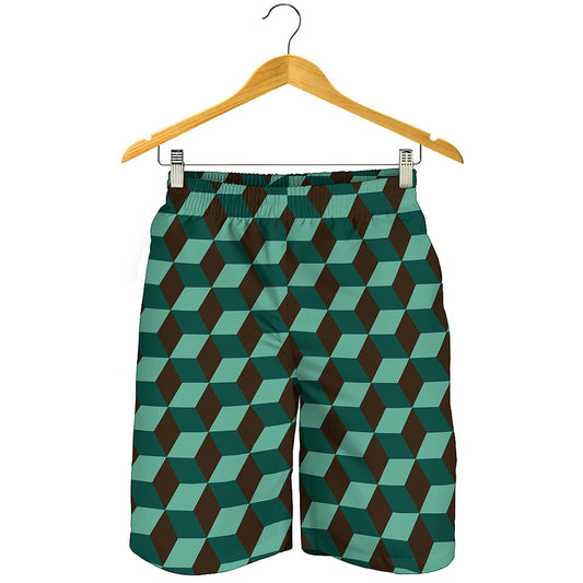 Dark Green Geometric Cube Pattern Print Men's Shorts