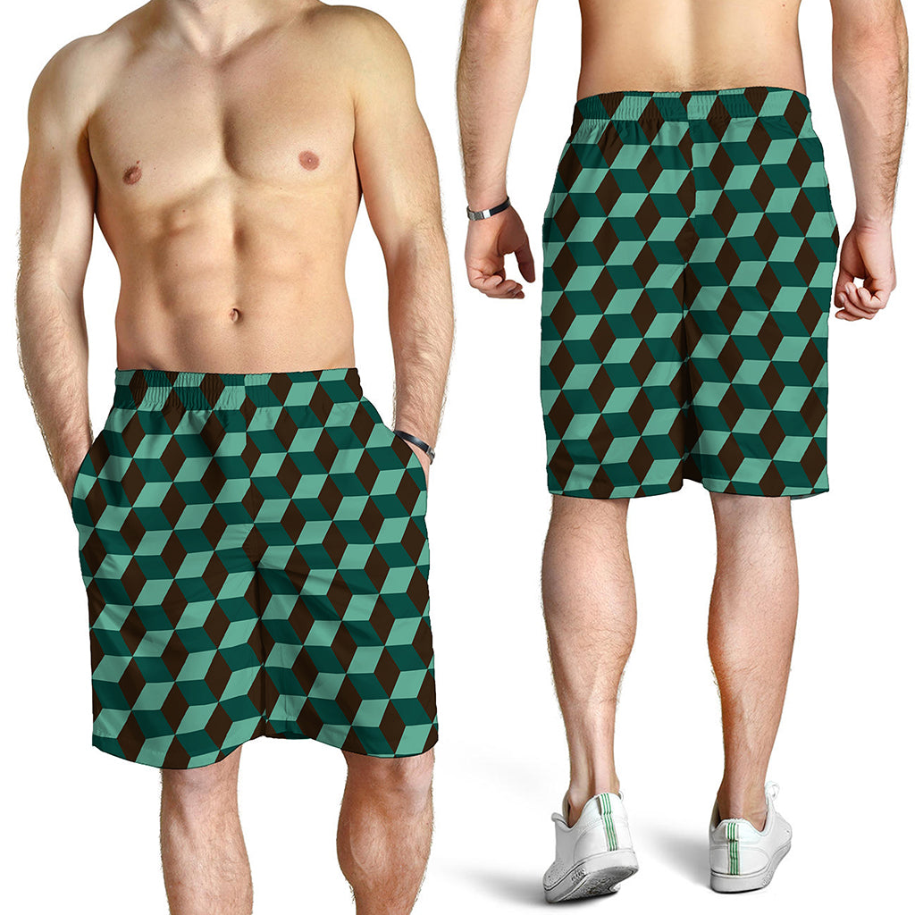 Dark Green Geometric Cube Pattern Print Men's Shorts