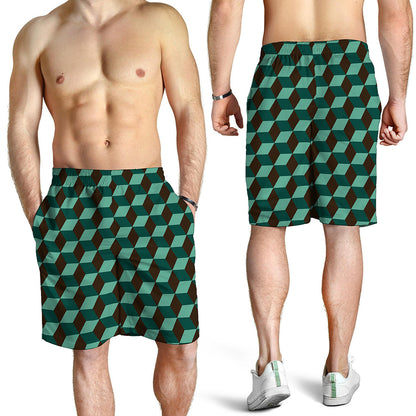 Dark Green Geometric Cube Pattern Print Men's Shorts