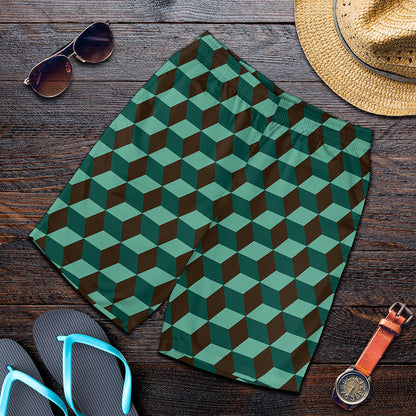 Dark Green Geometric Cube Pattern Print Men's Shorts