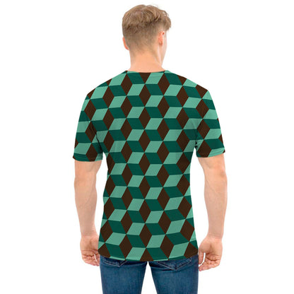 Dark Green Geometric Cube Pattern Print Men's T-Shirt