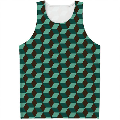 Dark Green Geometric Cube Pattern Print Men's Tank Top