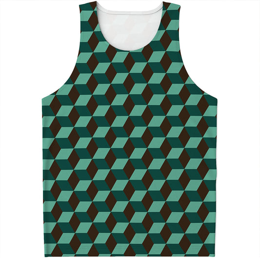 Dark Green Geometric Cube Pattern Print Men's Tank Top