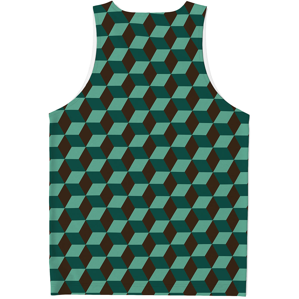 Dark Green Geometric Cube Pattern Print Men's Tank Top