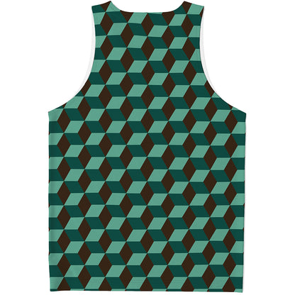 Dark Green Geometric Cube Pattern Print Men's Tank Top