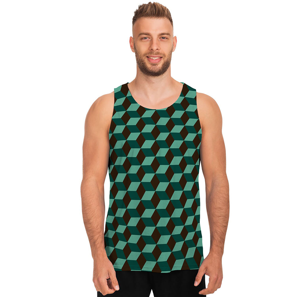 Dark Green Geometric Cube Pattern Print Men's Tank Top