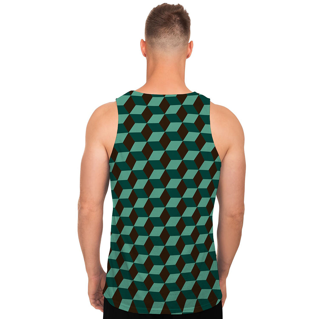 Dark Green Geometric Cube Pattern Print Men's Tank Top