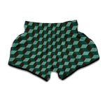 Dark Green Geometric Cube Pattern Print Muay Thai Boxing Shorts