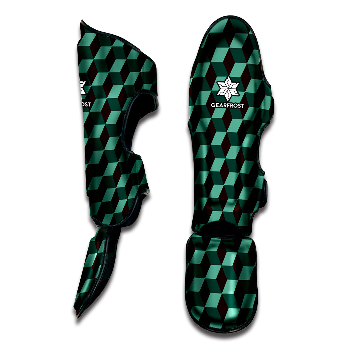 Dark Green Geometric Cube Pattern Print Muay Thai Shin Guard