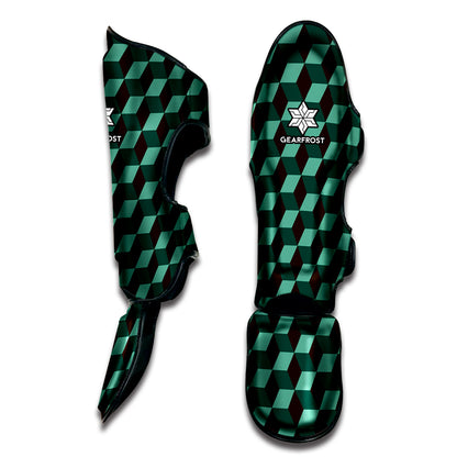Dark Green Geometric Cube Pattern Print Muay Thai Shin Guard