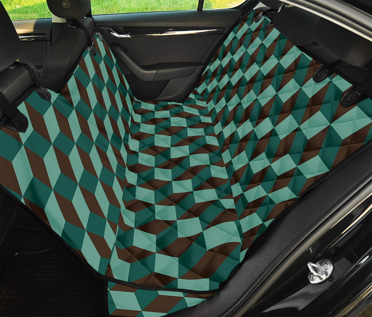 Dark Green Geometric Cube Pattern Print Pet Car Back Seat Cover