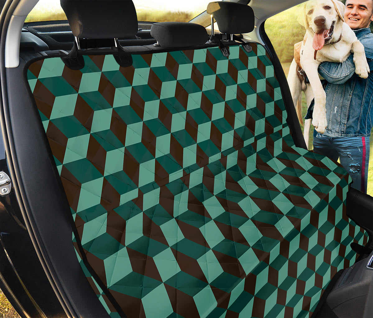 Dark Green Geometric Cube Pattern Print Pet Car Back Seat Cover