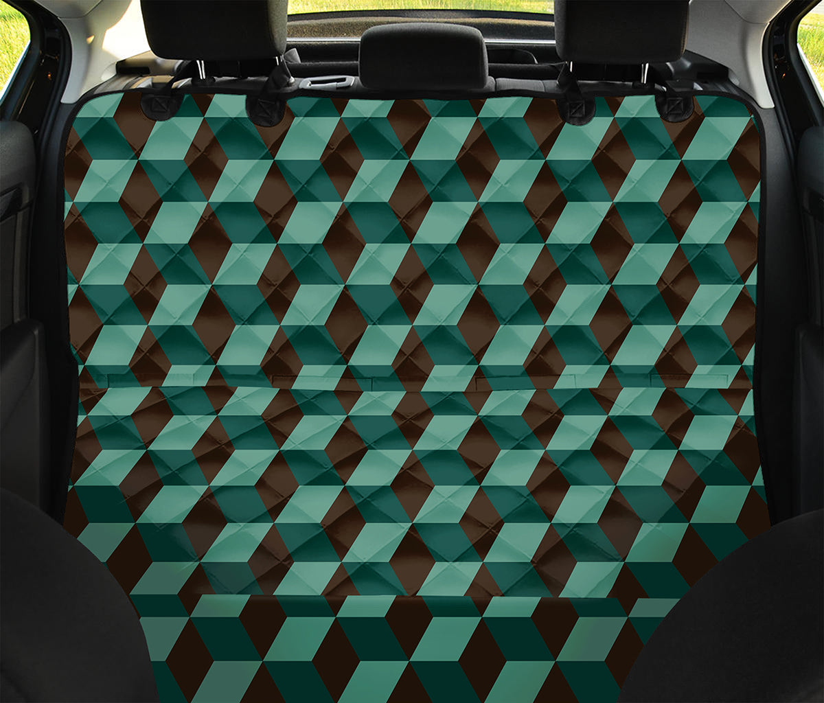 Dark Green Geometric Cube Pattern Print Pet Car Back Seat Cover