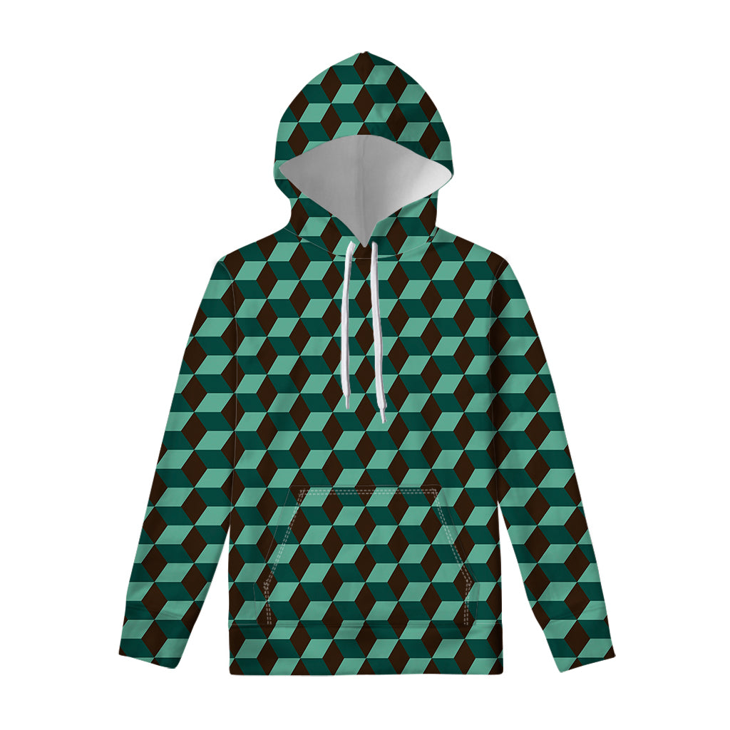 Dark Green Geometric Cube Pattern Print Pullover Hoodie