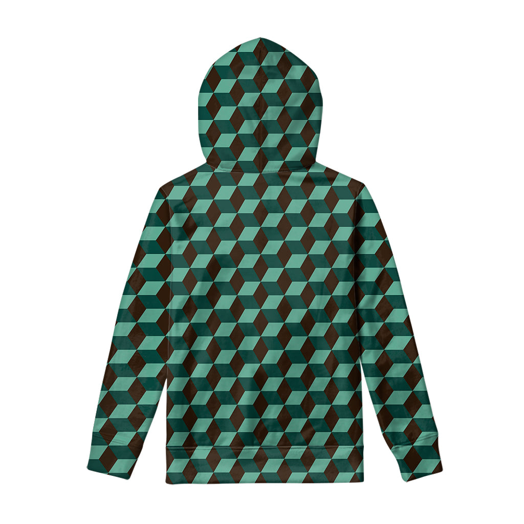 Dark Green Geometric Cube Pattern Print Pullover Hoodie