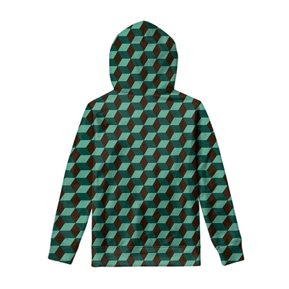 Dark Green Geometric Cube Pattern Print Pullover Hoodie