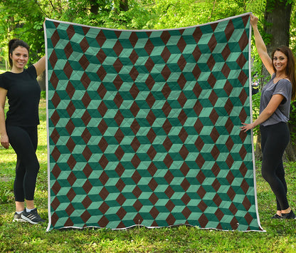 Dark Green Geometric Cube Pattern Print Quilt