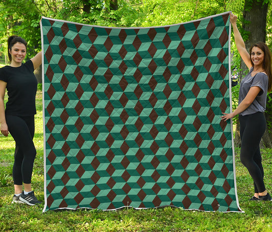 Dark Green Geometric Cube Pattern Print Quilt