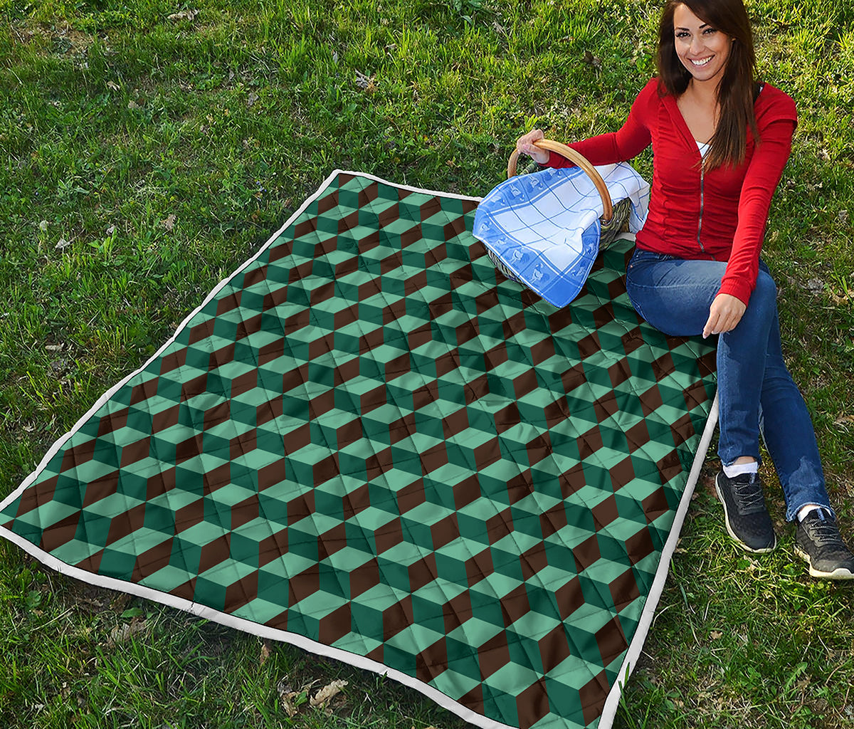Dark Green Geometric Cube Pattern Print Quilt