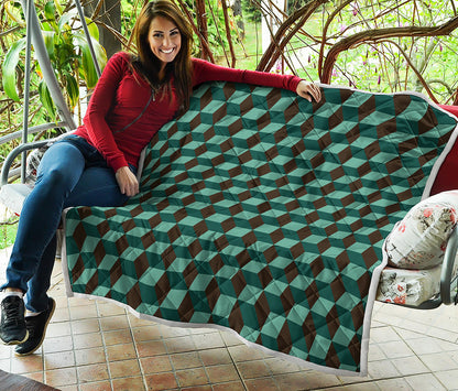 Dark Green Geometric Cube Pattern Print Quilt