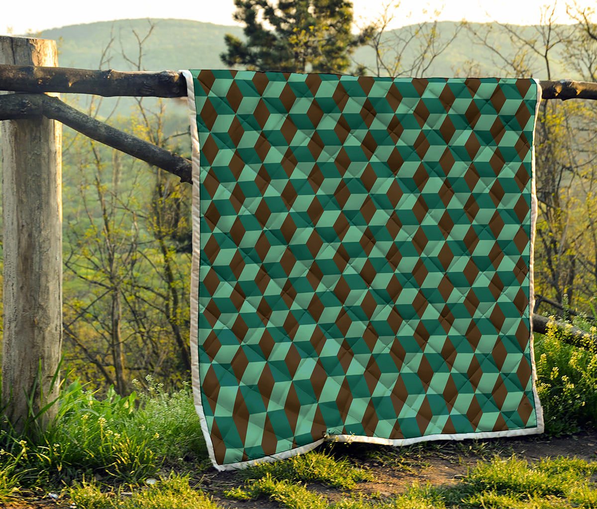 Dark Green Geometric Cube Pattern Print Quilt