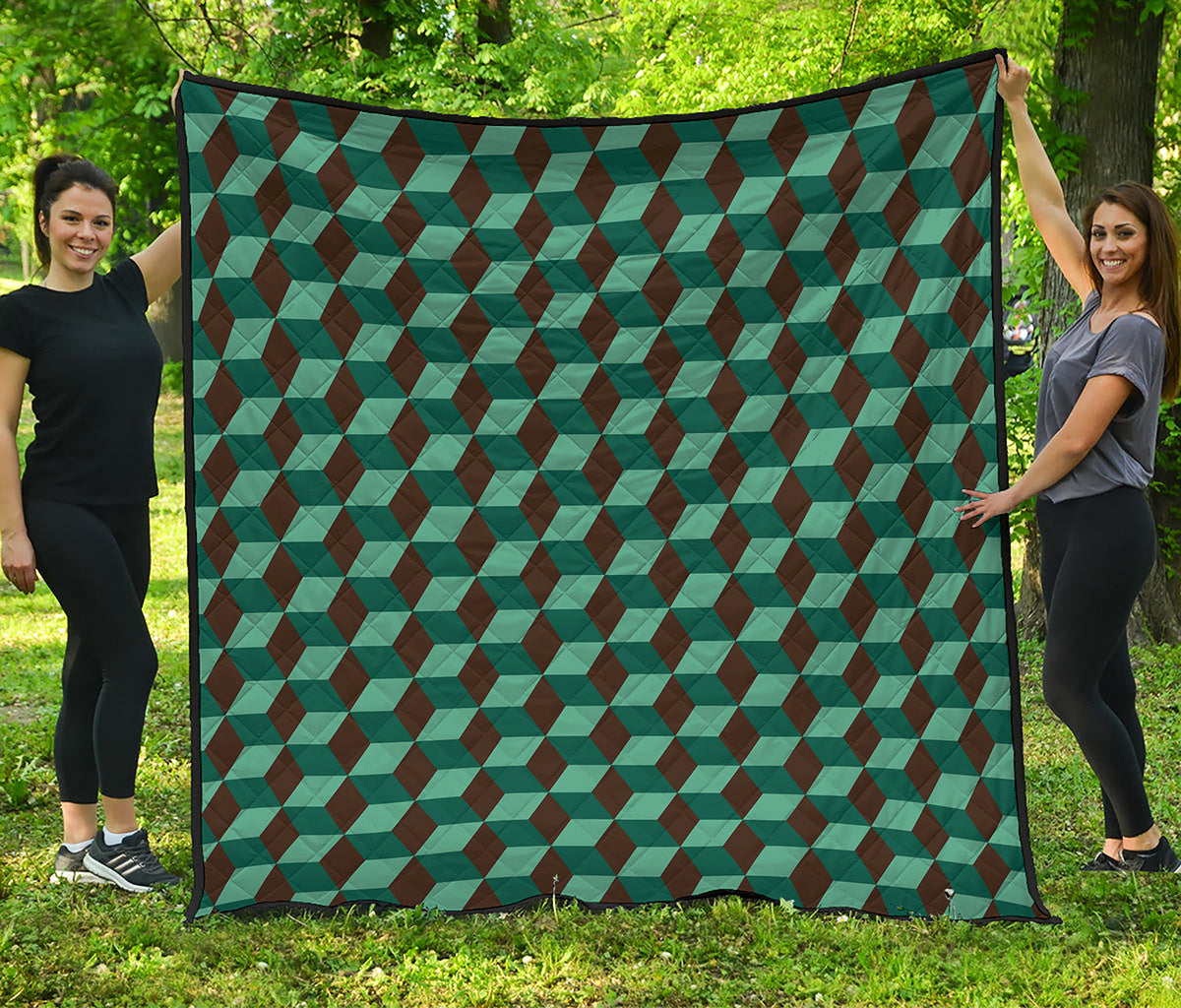 Dark Green Geometric Cube Pattern Print Quilt