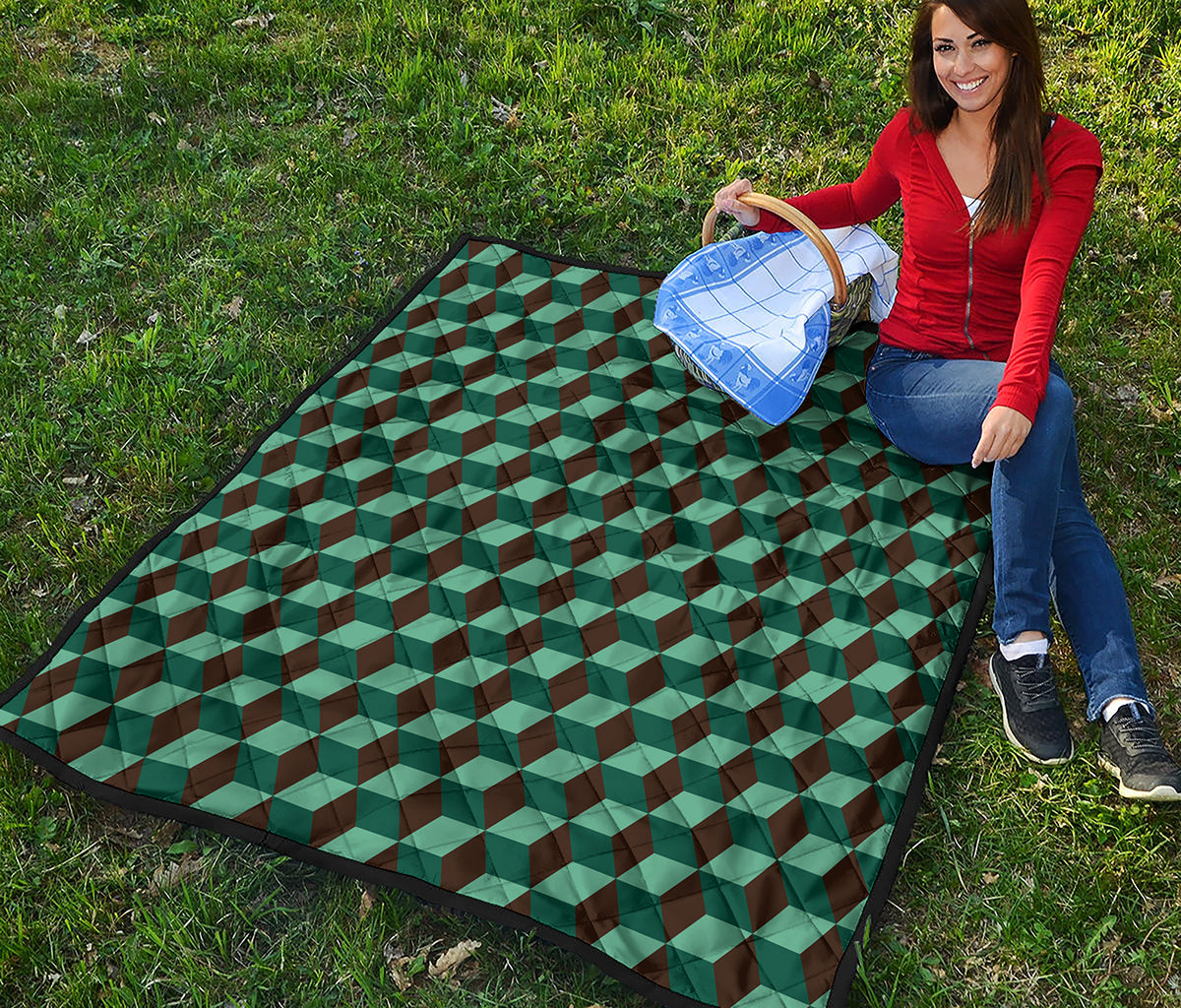 Dark Green Geometric Cube Pattern Print Quilt