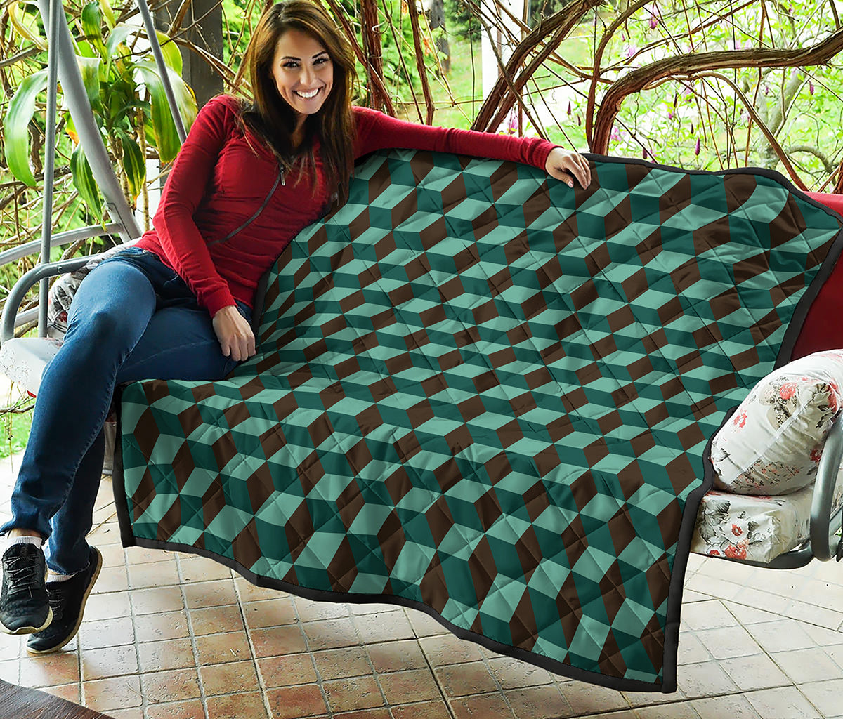 Dark Green Geometric Cube Pattern Print Quilt
