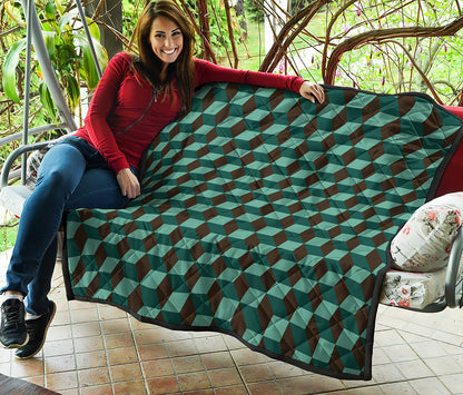 Dark Green Geometric Cube Pattern Print Quilt
