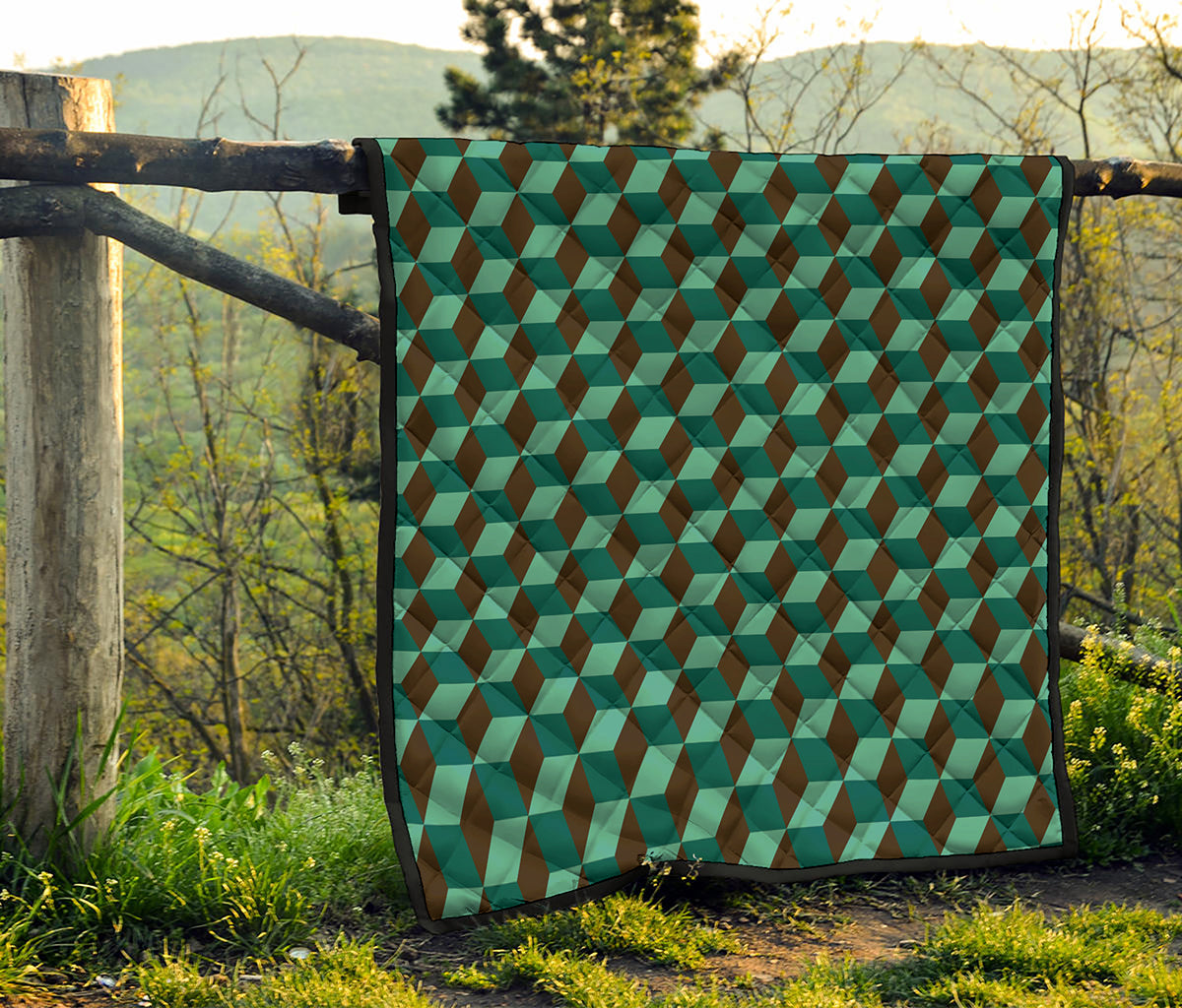 Dark Green Geometric Cube Pattern Print Quilt