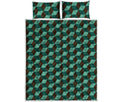 Dark Green Geometric Cube Pattern Print Quilt Bed Set