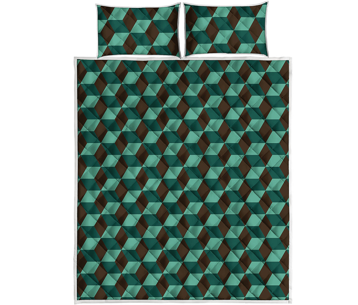 Dark Green Geometric Cube Pattern Print Quilt Bed Set