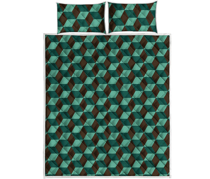 Dark Green Geometric Cube Pattern Print Quilt Bed Set