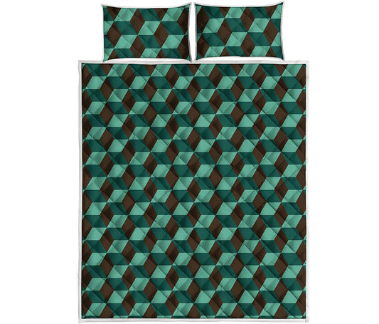 Dark Green Geometric Cube Pattern Print Quilt Bed Set